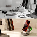 3 in 1 Magnetic Wireless Charger Station for Apple Devices, MagSafe iPhone & Watch, Earbuds Dock, Ultra-Slim Foldable Stand, 360° Adjustable, USB-C & Charging Cube, Travel-Ready.