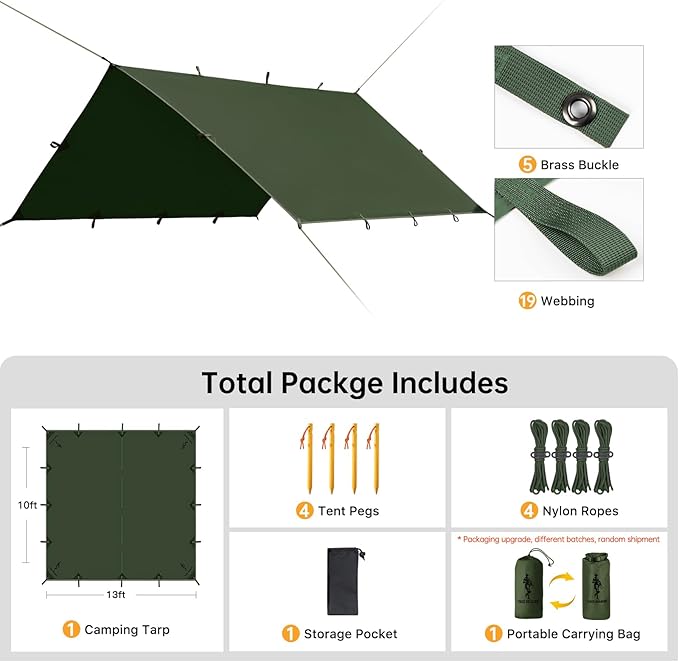 FREE SOLDIER Camping Tarp Waterproof Portable Multifunctional Outdoor Camping Traveling Awning Backpacking Shelter Rain Tarp (Dark Green 13×13ft)