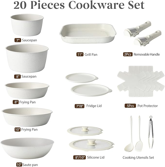 20 Pcs Pots and Pans Set Non Stick, Stackable Cookware Sets with Detachable Handle, Granite Induction RV Kitchen Portable Cooking Set Removable Handles, Dishwasher ＆ Oven Safe, Cream White