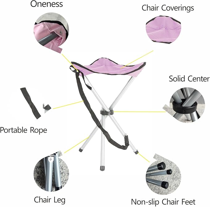 Folding Camping Stool,16.5" Folding Camping Chairs,Portable Tripod Seat,Outdoor Travel Tall Chair for Walking Hunting Hiking Fishing Mountaineering Picnic Beach BBQ Garden Lawn(Pink)