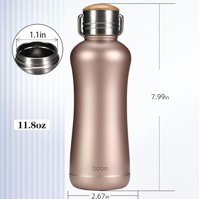 YOHKOH Mini Vacuum Insulated Water Bottle With Bamboo Lid - Stainless Steel Thermos Water Bottle for Women Girls Kids, Metal Sports Hot and Cold Water Bottle Leak-Proof BPA-Free (11.8oz,Gold)