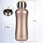 YOHKOH Mini Vacuum Insulated Water Bottle With Bamboo Lid - Stainless Steel Thermos Water Bottle for Women Girls Kids, Metal Sports Hot and Cold Water Bottle Leak-Proof BPA-Free (11.8oz,Gold)