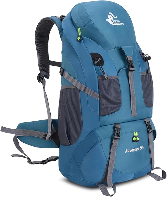 Bseash 50L Hiking Backpack, Water Resistant Lightweight Outdoor Sport Daypack Travel Bag for Camping Climbing Skiing Cycling (Blue Green - With Shoe Compartment)