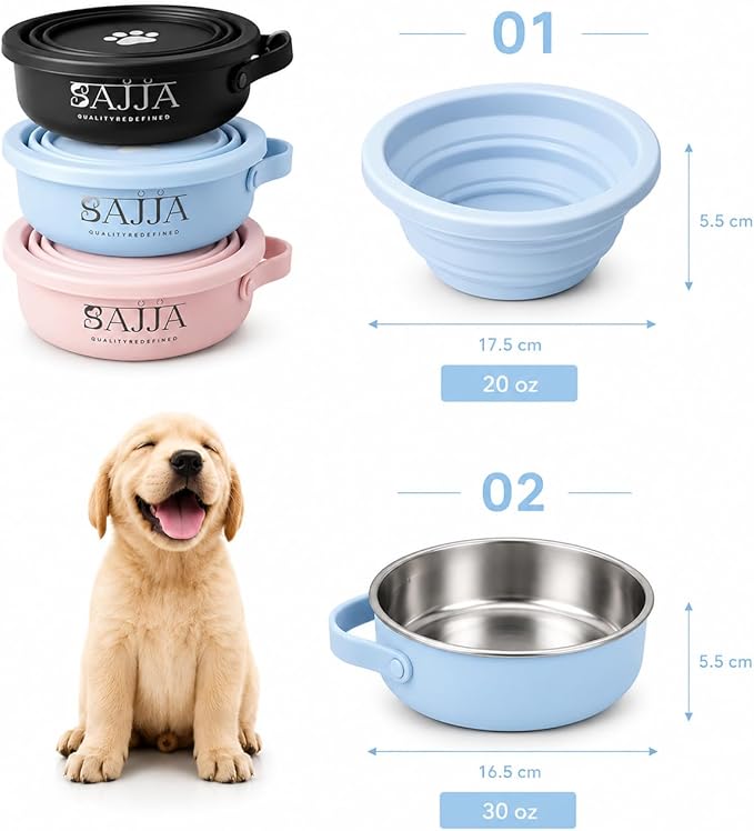 Blue Slow Feeder Travel Dog Bowl Set | 30oz Stainless Steel + 20oz Collapsible Silicone Dish | Water Bottle Holder| Non-Slip, Anti-Choking, BPA-Free | We Give Back
