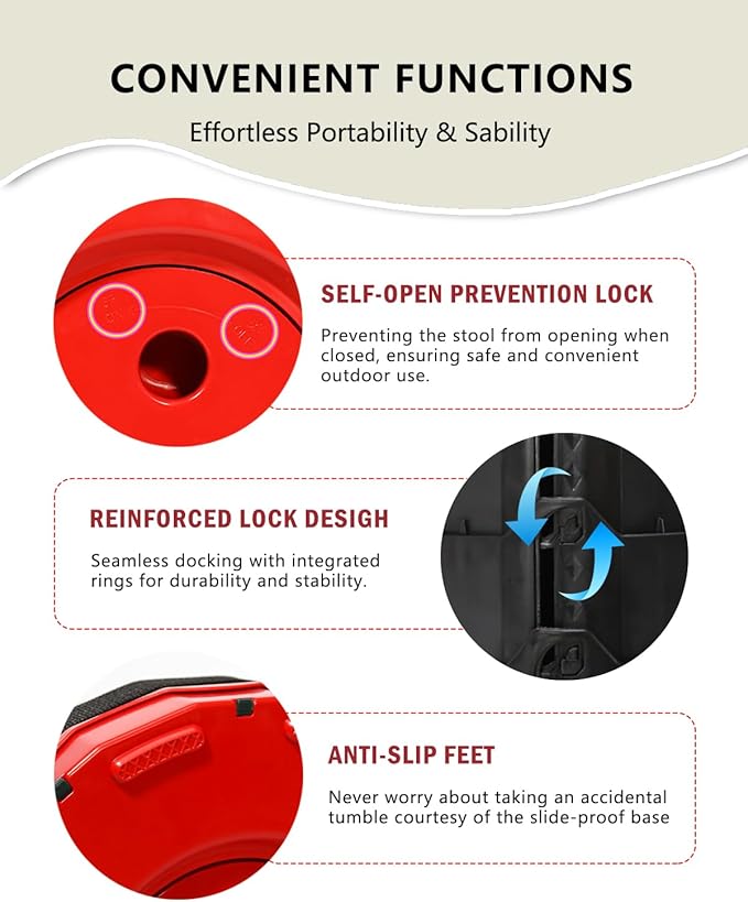 Upgraded Foldable Thickened Collapsible Stool, Portable Folding Seat, Adjustable Height Retractable, Suitable for Fishing, Hiking, Camping, BBQ, Party, Outdoor (Black and Red)