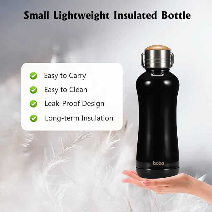 YOHKOH Mini Insulated Water Bottle With Bamboo Lid - 11.8oz Small Vacuum Insulated Water Bottle for Women Kids, 12 Hrs Hot & 24 Hrs Cold Stainless Steel Thermos Leak-Proof BPA-Free (11.8oz,Black)