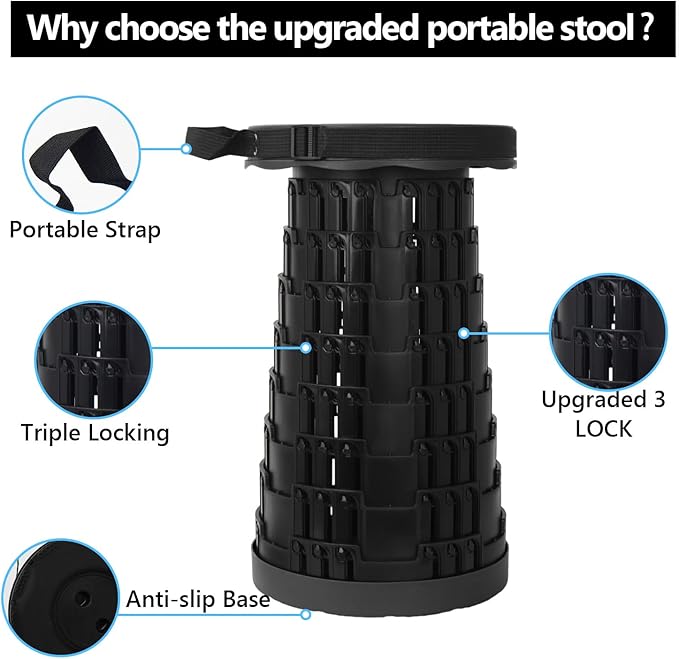 Upgraded Camping Folding Stool with Carrying Straps Lightweight Yet More Sturdy with Load Capacity 450lbs Portable Collapsible Retractable Stool for Camping Fishing Hiking BBQ 2.0