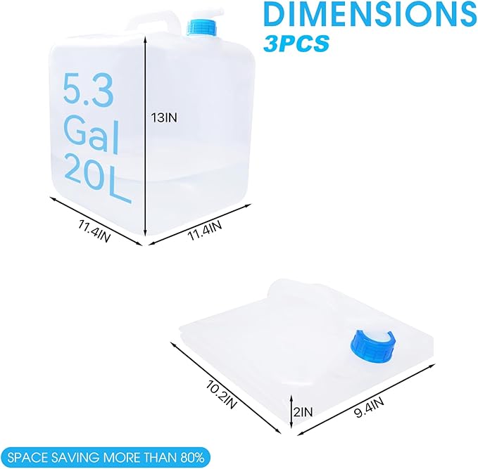 3PCS x 5.3Gal/20L, Water Storage Container, Food Safe Emergency Water Jugs with Spigot, Collapsible, BPA-Free, Portable Water Bottle Survival Kit for Camping, Hiking, Fishing, Canteen Style