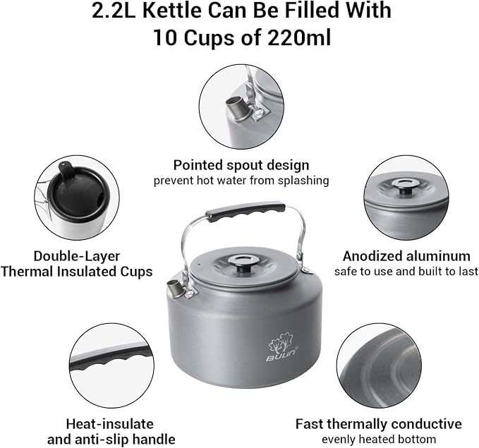 Bulin 2.2L Camping Kettle with 2&4 Stainless Steel Cups for Outdoor Camping Cookware Hiking Backpacking Kitchen Campfire and Picnic, Carrying Bag