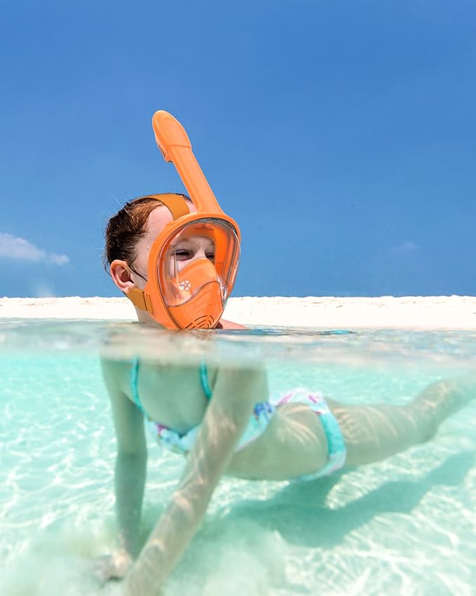 QingSong Kids Snorkel Mask Full Face, Snorkeling Set with Camera Mount, Foldable 180 Degree Panoramic View Snorkeling Gear Anti-Fog Anti-Leak