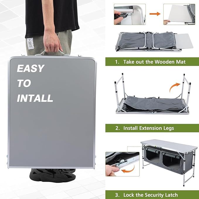 Camping Table, Folding Camping Table with Storage, Portable Kitchen Table, Lightweight, 3 Heights Adjustable Camping Furniture for BBQ, Picnic, Camping, Hiking, Beach, and Indoor