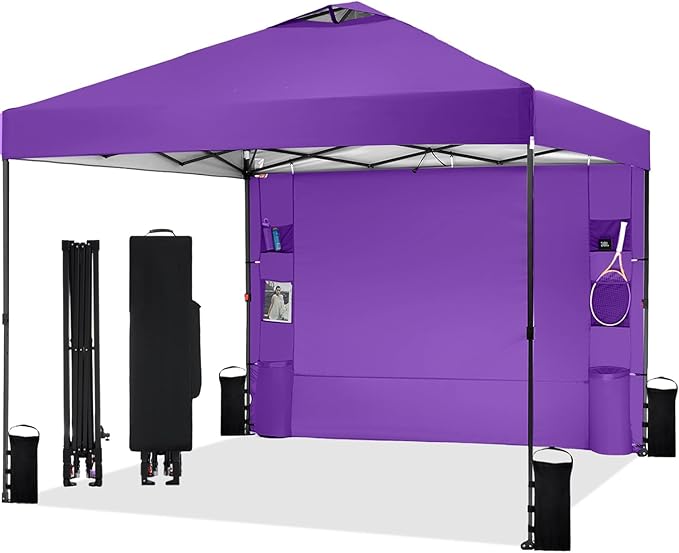 10'x10' Pop Up Canopy Tent with 1 Sidewall and 6 Pockets, One Push Setup, Instant Shade Tent with Vented Roof for Beach Patio Outdoor, Case, 8 Stakes, 4 Ropes, 4 Sandbags (Purple, 10x10)