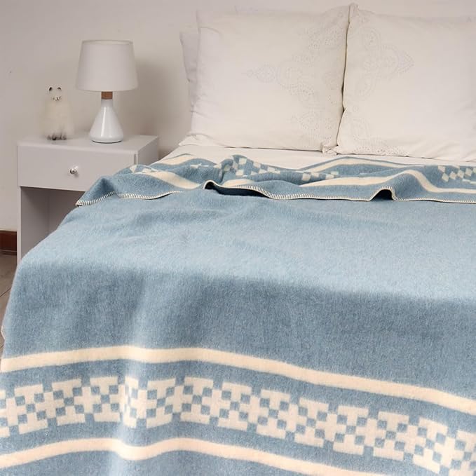 Thick Alpaca Wool Blanket Heavyweight Camping Outdoors Indoors Soft Peru Twin Size Ethnic Design (Soft Blue/Ivory 2, Twin Size)