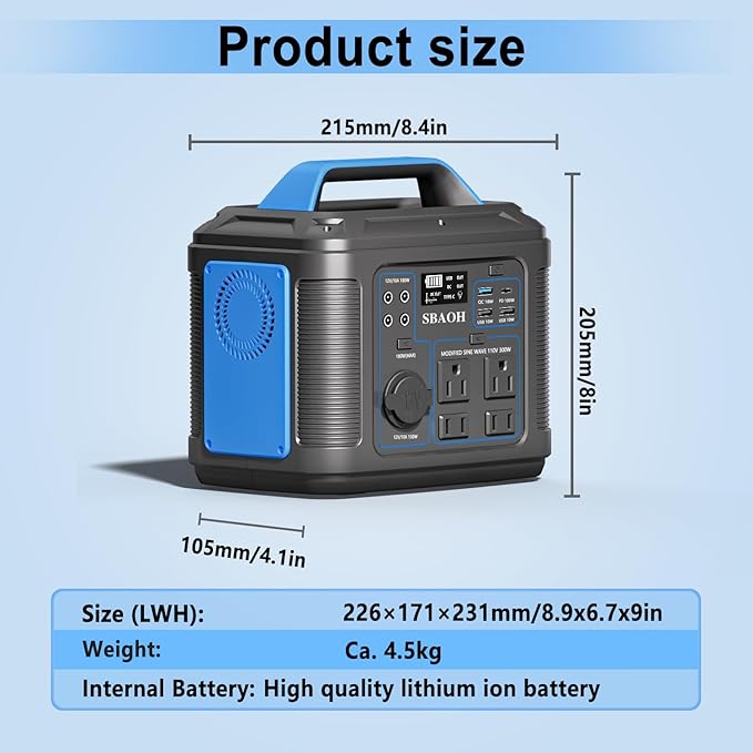 Portable Power Station, 300W 296Wh Generator Quick Charge / 110V AC Outlets/DC Ports and LED Flashlight, Backup for Home Outdoor Travel Camping Blackout blue