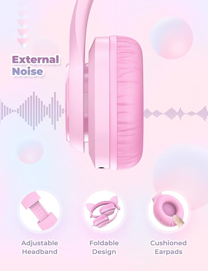 iClever Kids Headphones with Cat Ear Led Light Up, Safe Volume Limite, FunShare, Foldable, Over-Ear Headphones for Kids for School/iPad/Tablet/Travel, Meow Donut-Pink