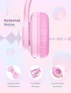 iClever Kids Headphones with Cat Ear Led Light Up, Safe Volume Limite, FunShare, Foldable, Over-Ear Headphones for Kids for School/iPad/Tablet/Travel, Meow Donut-Pink