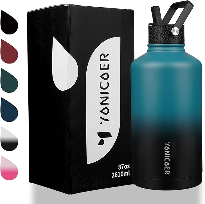 Insulated Water Bottle 87oz,Triple Wall Vacuum Stainless Steel(Dishwasher Safe),Leak Proof & Non-BPA,Flask Jug with Paracord Handle & Straw Spout Lids Sports Gradient indigo blue/black