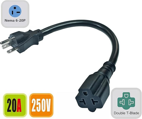 1Ft 20A AC Power Plug to T-Blade Adapter Cable, NEMA6-20P to 5-20R/ 6-15R/5-15R, 4 in 1 AC Adapter,12AWG Heavy Duty Extension Cable for Air Conditioner Etc.