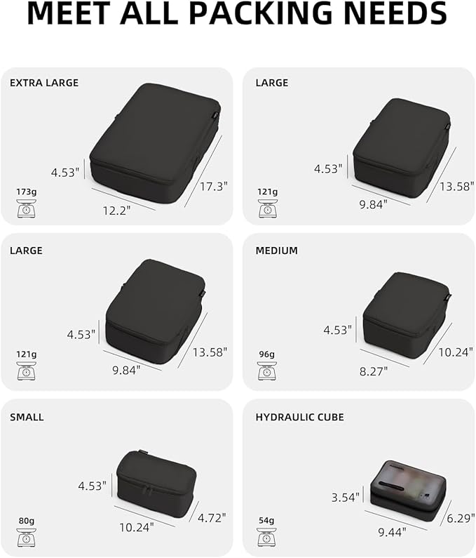 6 Set Compression Packing Cubes for Travel, Large Medium Small Luggage Organizers (Jet Black)