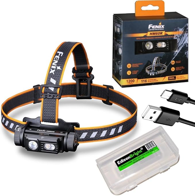 Fenix HM60R 1200 Lumen Rechargeable White/red LED Headlamp with EdisonBright USB Accessory Carrying case Bundle