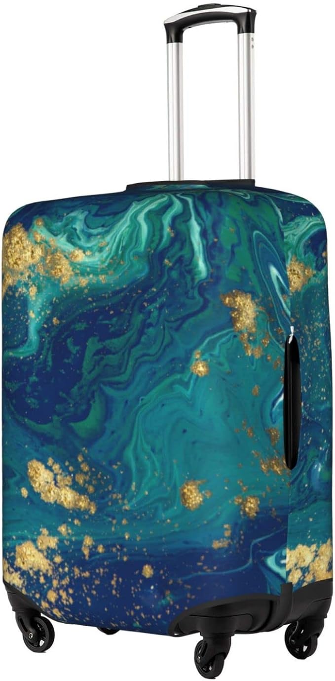 Travel Luggage Cover Suitcase Protector, Gold Blue Abstract Marble Washable Elastic Suitcase Baggage Cover Anti-scratch Double-sided with Zipper Closure for Wheeled Suitcase Fits 25-28 Inch Luggage