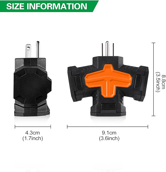 3 Outlet Indoor Outdoor Wall Adapter, ETL Listed 3-Prong Grounded Outlet Splitter, Weatherproof Heavy Duty Multi Outlet Power Plug Extender with Protective Cover, Black (Orange, 1 Pack)