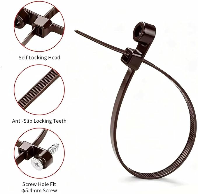 200 PCS 10 inch Brown Zip Ties with Screw Hole 70lbs Mountable head Cable Ties Straps Multipurpose Heavy Duty Nylon Cable Zip Ties with Screw Mounting Hole