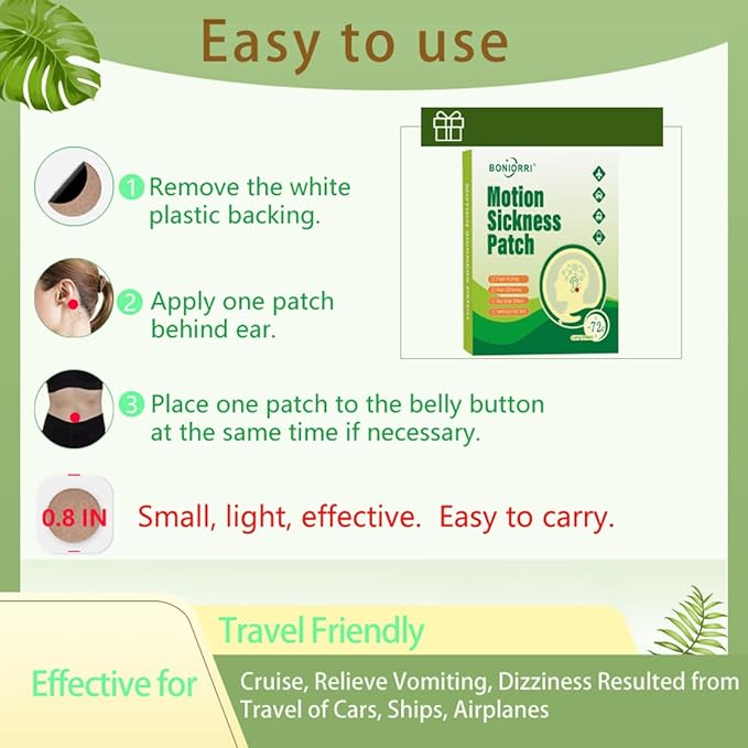 Motion Sickness Patches - Sea Sickness Patches for Cruise, Seasickness Patch Non Drowsy Behind Ear for Car, Sea, Air Sickness, Travel Essentials for Adults and Kids. 24 Count