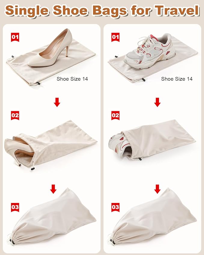 4 Pcs Single Shoe Bags for Travel, 17.3"x8.6" Washable Travel Shoe Bags for Packing in Suitcase, Velvet Dust Bag with Drawstring, Shoe Pouch for Women and Men, Travel and Home Storage (Beige)
