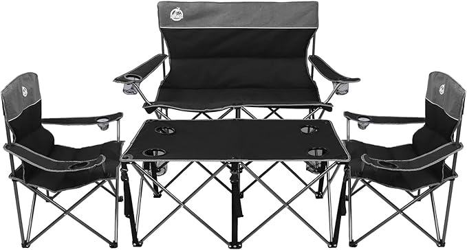 Northroad Folding Camping Chair Set of 4, Portable Collapsible Conversation Set w/1 Sofa, 2 Single Chairs, 1 Table for Family Patio, Outdoor Travel,Beach(Black)