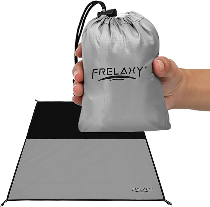 Frelaxy Pocket Picnic Blanket, Waterproof Sandproof Beach Mat, Compact Camping Tarp for Festivals, Hiking, Travel, Outdoor Recreation (Grey, 57'' x 71'')