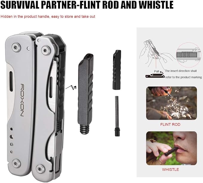 ROXON S803E Elite Flash Multitool with 20 functions including strong pliers, Flint Rod, full-size lockable blades for Outdoor Essential Survival Tool (D2 Blade)