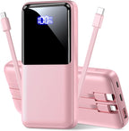 Portable Charger Power Bank - 20000mAh Fast Charging Portable Battery Pack with Built in USB-C(22.5W) and iOS(20W) Output Cables (1 Pack, Pink)