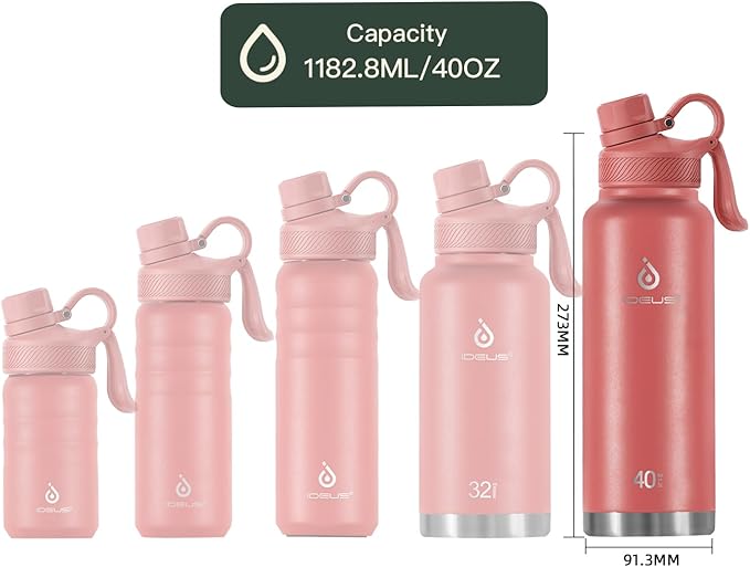 IDEUS Insulated Stainless Steel Water Bottle with 2 Leak-Proof Lids, Thermal Water Flask for Hiking Biking, 40oz, Red