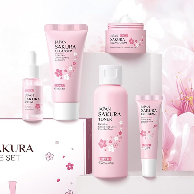 LAIKOU Skin Care Set JAPAN SAKURA Women Beauty Gift Sets Skin Care Kit with Cleanser, Toner, Serum, Eye Cream, Face Cream Travel Kit for Women Teen Girls Mom Daughter Birthday TSA-friendly Sizes 5pcs