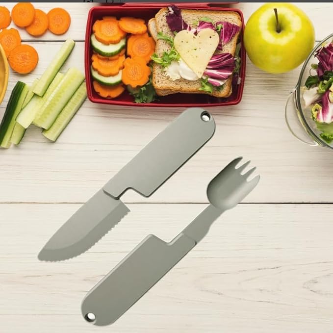 2 in 1 Camping Eating Utensils Set,Reusable Magnetic Camping Utensils Set,Portable Detachable Folding Fork Spoon for Lunch(1Set)