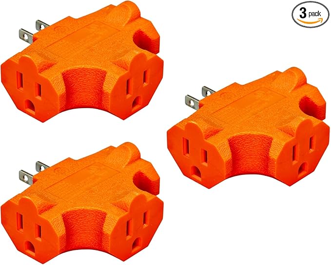 Projectpak 3 Outlet T Shaped Wall Plug Grounding Adapter Splitter Extender Triple Tap – Durable Grounded Power Tap | 3 Pack (Orange)