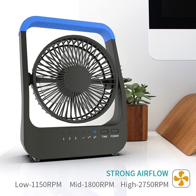 Portable Desk Fan, D Battery Operated Fan for Hurricane, Powered Fan by USB Cable 214H Long Lasting with Timer 6'' Portable for Outdoor Camping Quiet 3 Speeds for Office Bedroom(Blue)