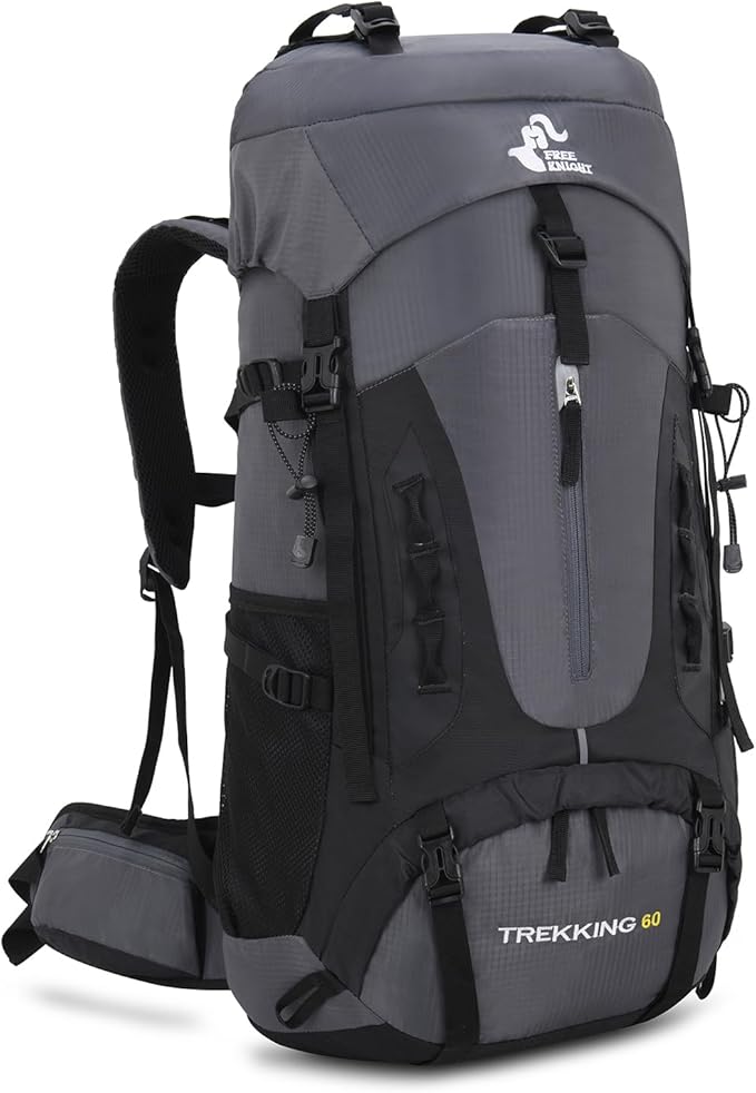 Bseash 60L Hiking Camping Backpack with Rain Cover, Waterproof Large Capacity Outdoor Sport Travel Daypack Climbing Touring (Gray)
