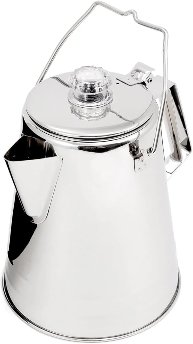 GSI Outdoors Percolator Coffee Pot I Glacier Stainless Steel Ultra-Rugged for Brewing Coffee Over Stove and Fire | Ideal for Group Camping, 8 Cup