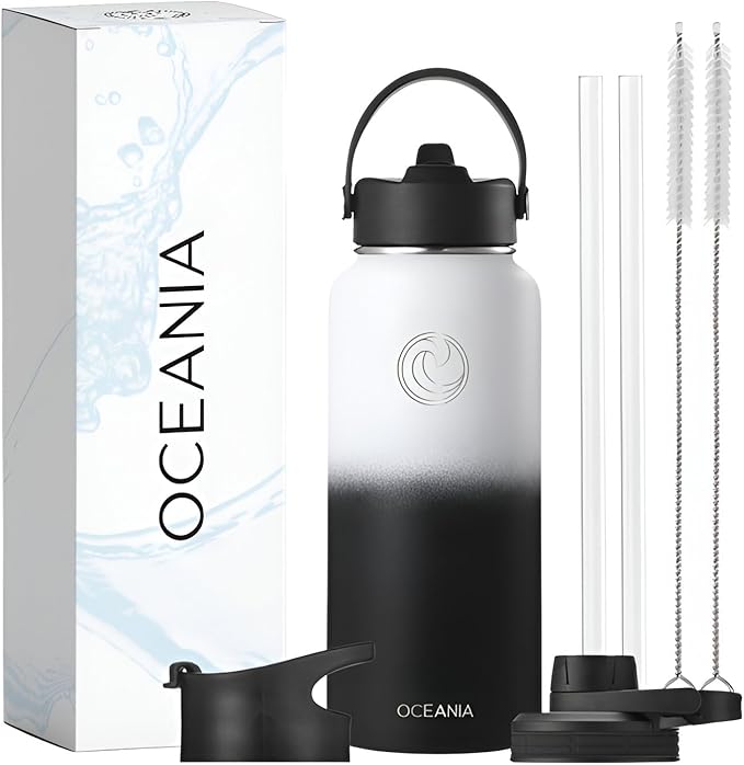 Oceania Flask 32oz Stainless Steel Water Bottles | Modern, Leakproof, Vacuum Insulated with 3 Lids, 3 Straws & 2 Straw Cleaning Brushes | Simple Lightweight Camping & Hiking Hydration Canteens