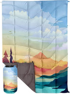 Outdoor Puffy Camping Blanket, Lightweight Down Alternative Puffy Printed Camping Large Ultra Warm Hammock Top Quilt Waterproof Blanket for Traveling Picnic Beach Party Cold Weather (Sunset)