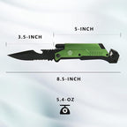 8.5" Military Outdoor Hunting Camping Pocket Knife, 7 in 1 Multi-Function Folding Knives with Fire Starter LED Light Seatbelt Cutter Glass Breaker Bottle Opener Tactical Blade (Green)