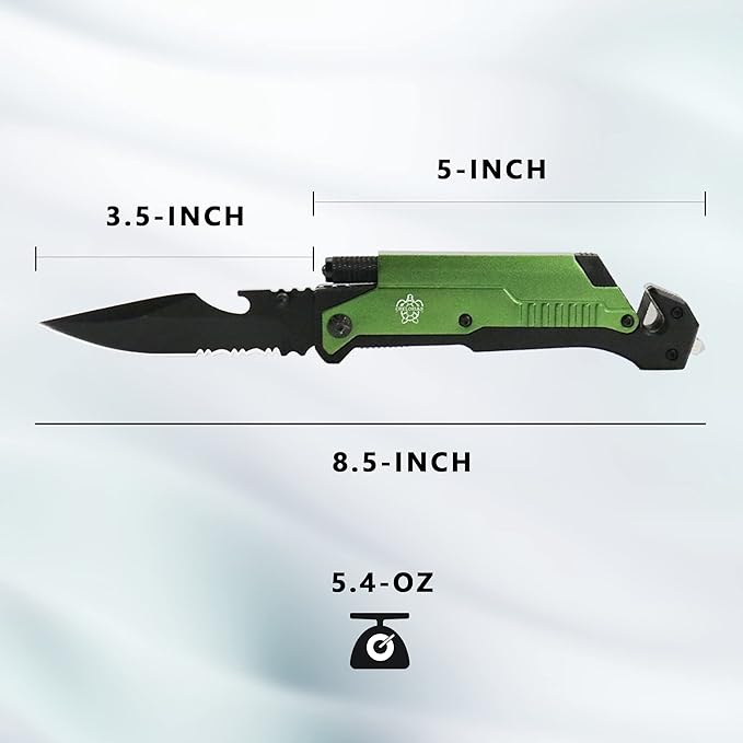 8.5" Military Outdoor Hunting Camping Pocket Knife, 7 in 1 Multi-Function Folding Knives with Fire Starter LED Light Seatbelt Cutter Glass Breaker Bottle Opener Tactical Blade (Green)