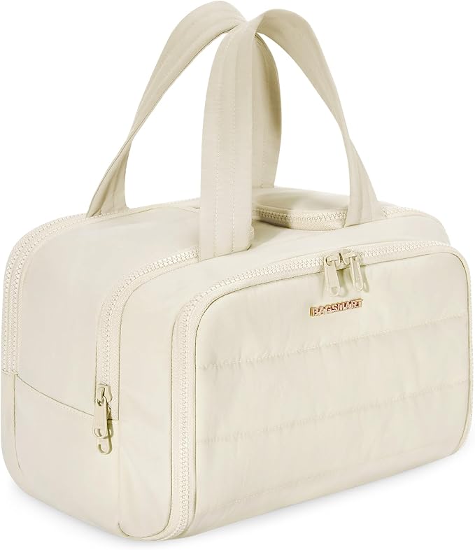 BAGSMART Travel Toiletry Bag, Crush Toiletry Bag for Women, Wide-open Puffy Toiletry Bags for Traveling, Large Travel Cosmetic Makeup Bag Organizer for Accessories,Toiletrie, Beige