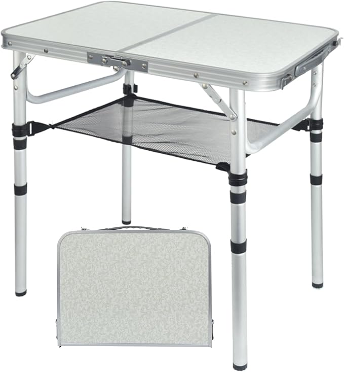 Small Folding Camping Table, 2ft Portable Picnic Table Aluminum 24" x 16" Folding Table, 3 Adjustable Heights Portable Lightweight Table Dining Table for RV, Picnic, Beach (White)