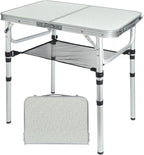 Small Folding Camping Table, 2ft Portable Picnic Table Aluminum 24" x 16" Folding Table, 3 Adjustable Heights Portable Lightweight Table Dining Table for RV, Picnic, Beach (White)