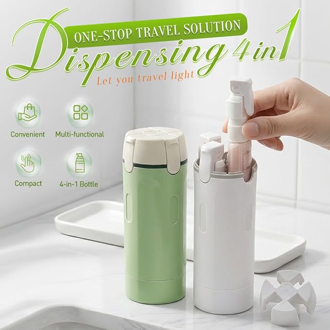 4 in 1 Travel Dispenser, 4 Pack 30ML Leak Proof Travel Bottles for Toiletries, Portable 4-in-1 Travel Dispenser Bottle Travel Refill Bottle for Shampoo Lotion Conditioner Cream (White+Green)