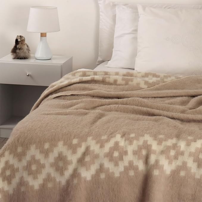 Thick Alpaca Wool Blanket Heavyweight Camping Outdoors Indoors Soft Peruvian Blankets Queen Size Ethnic Design (Beige - Ivory, Queen)