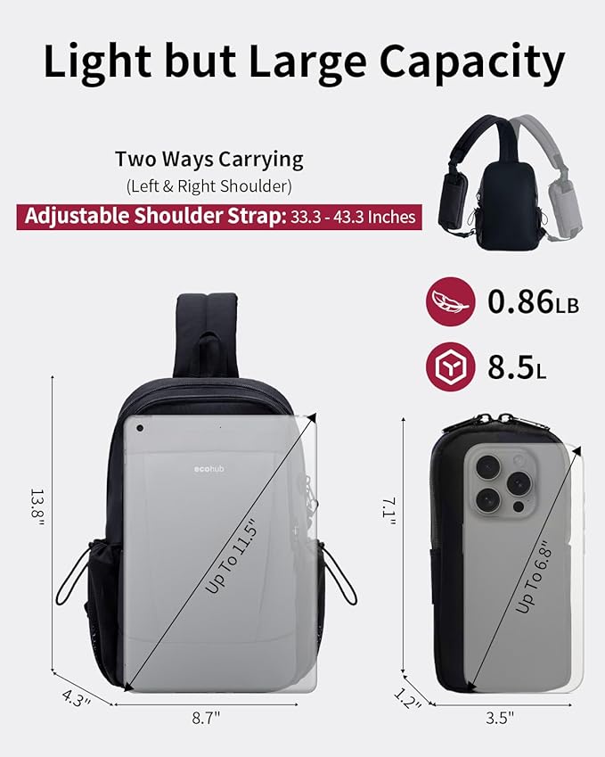 ECOHUB Crossbody Bags for Women Men, Anti-Theft RFID Blocking Roomy Sling Backpack with Sturdy SBS Zippers Water Resistant Chest Shoulder Bag Daypack with 9 Pockets Travel Work Hiking, Black